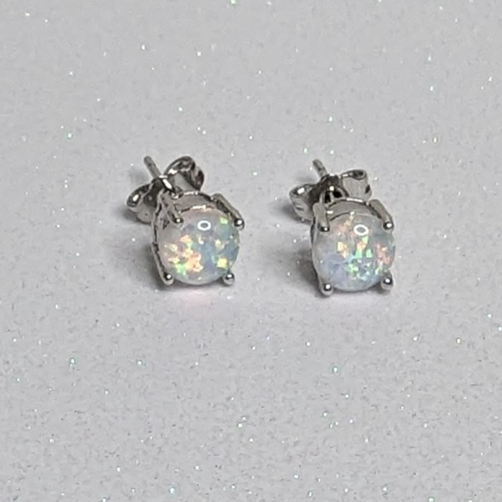 White Fire Opal 6MM Round Stud Earrings - Picture 3 of 6
